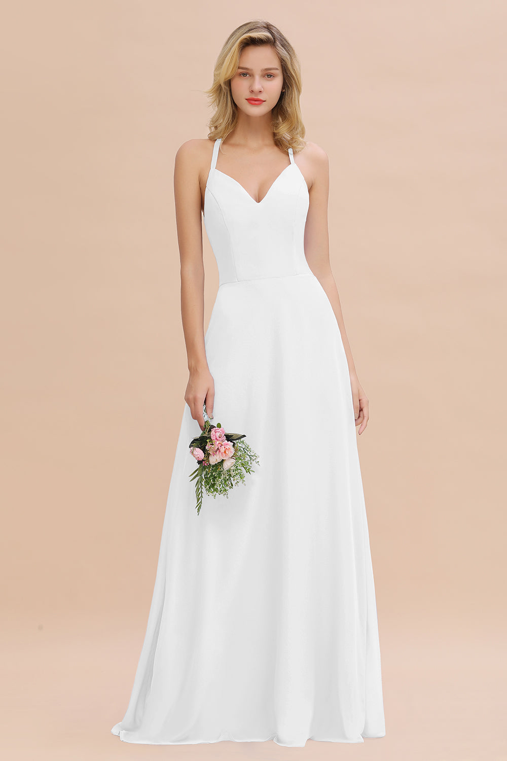 Stylish Chiffon Spaghetti Straps Sleeveless Long Bridesmaid Dress
