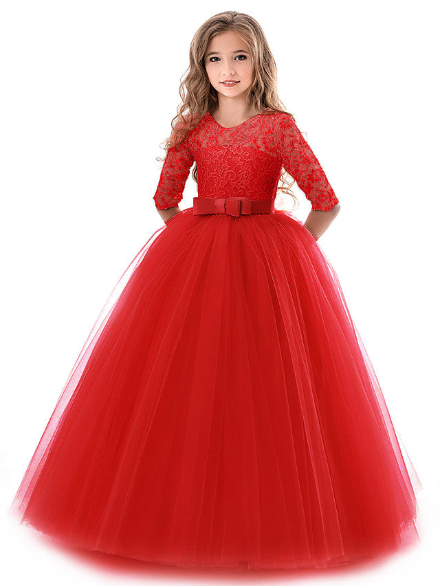 Long Ball Gown Tulle Lace Jewel Neck Flower Girl Dresses with Half Sleeve