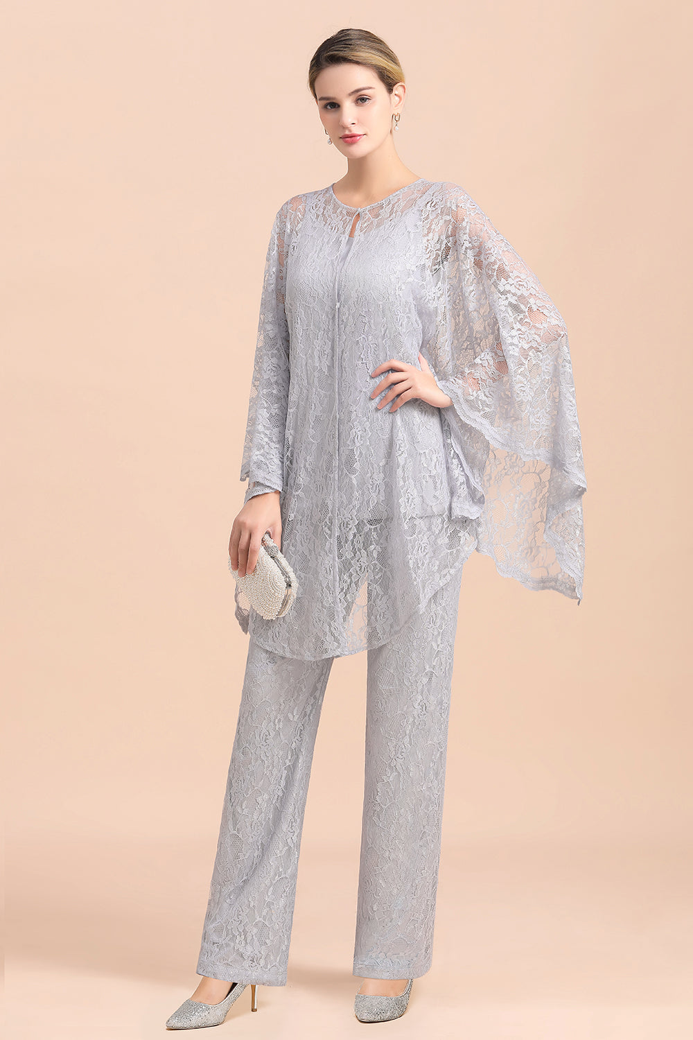 V-Neck Straps Appliques Silver Lace Wraps Mother of Bride Jumpsuit