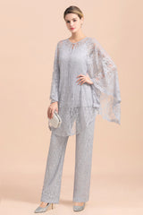 V-Neck Straps Appliques Silver Lace Wraps Mother of Bride Jumpsuit