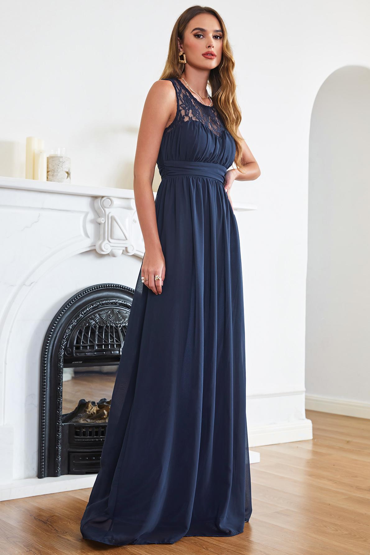 Long A-line Crew Neck Chiffon Floor Length Sleeveless Formal Evening Dress
