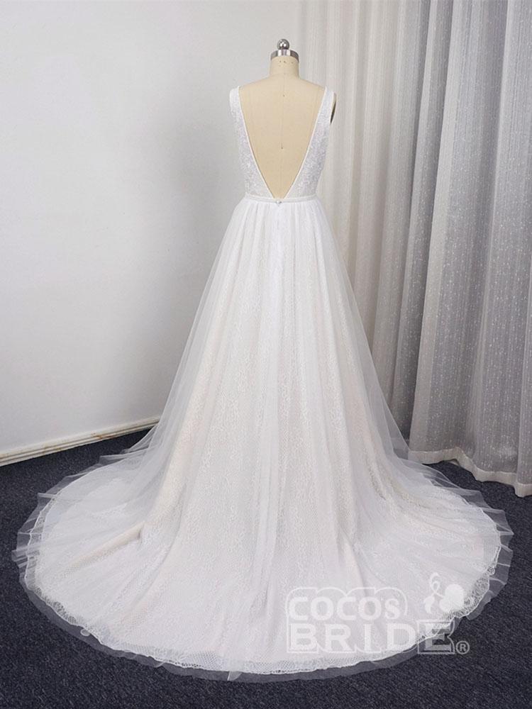 Glamorous Long V-Neck A-Line Tulle Lace Wedding Dresses