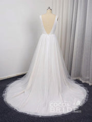 Glamorous Long V-Neck A-Line Tulle Lace Wedding Dresses