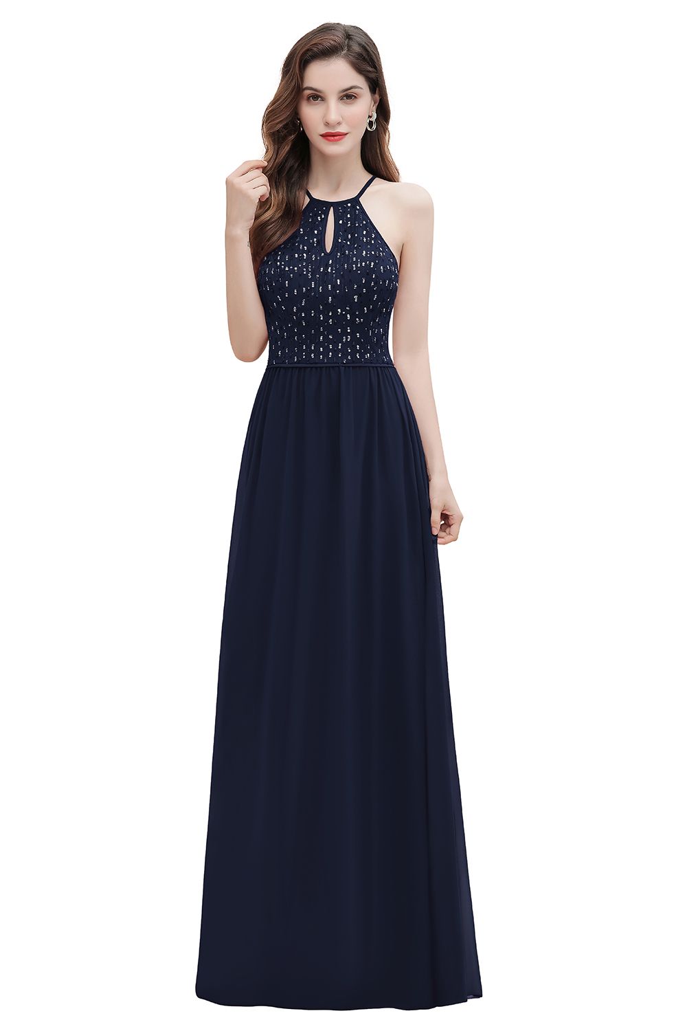 Long Halter Sequins A-line Chiffon Bridesmaid Dresses
