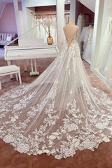 Charming Long Spaghetti Straps Appliques Lace Tulle Backless A-Line Wedding Dress