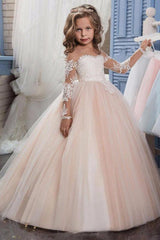 White Scoop Neck Long Sleeves Ball Gown Flower Girl Dress