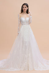 Mermaid Tulle Lace Long Sleeve Wedding Dresses With Detachable Train