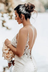 Elegant Mermaid Sweetheart Spaghetti Straps Lace Tulle Long Wedding Dress with Train