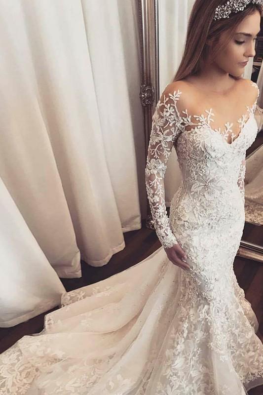Gorgeous Mermaid Illusion Long Sleeves Tulle Appliques Wedding Dress