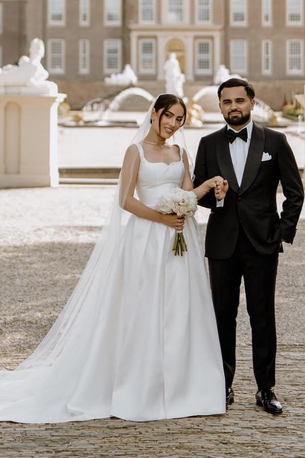 Satin Split Front Square Neck A-Line Satin Long Wedding Dress