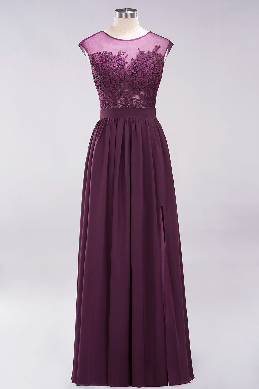 A-line Chiffon Lace Jewel Sleeveless Floor Length Bridesmaid Dresses with Appliques