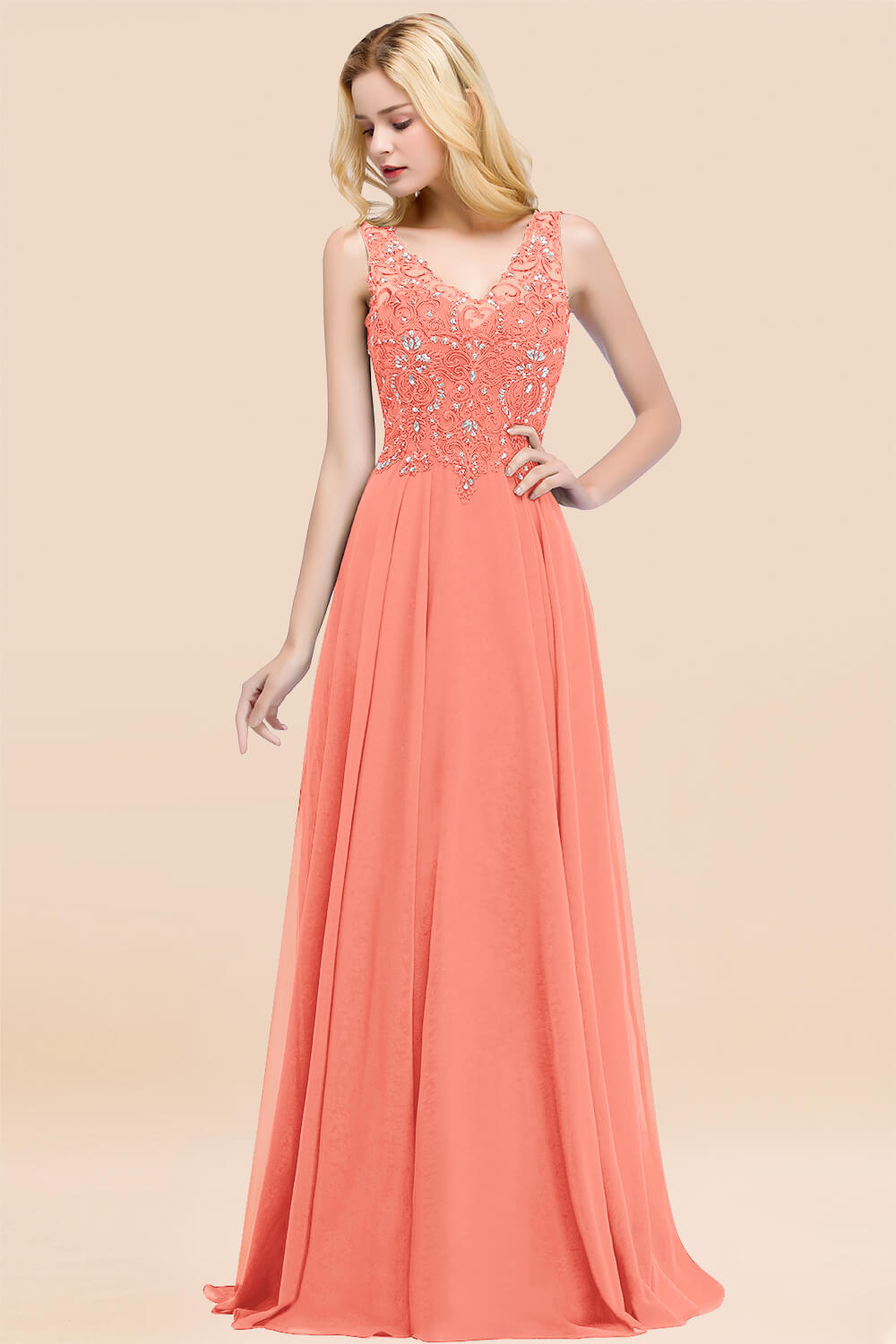 A-line Chiffon Appliques V-neck Sleeveless Floor Length Bridesmaid Dresses with Crystals