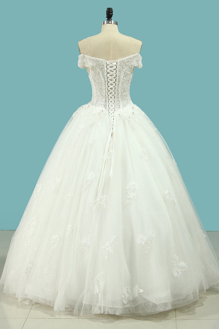 Beautiful Long Off the Shoulder Tulle Sequin Ball Gown Appliques Lace Wedding Dress