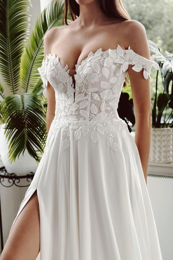 Long Off The Shoulder Open Back A Line Chiffon Wedding Dress