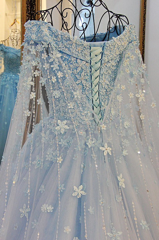 Off the Shoulder Tulle Long Sleeves Beading Flower Ball Gown Prom Dress