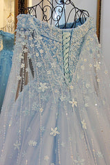 Off the Shoulder Tulle Long Sleeves Beading Flower Ball Gown Prom Dress