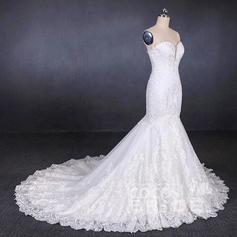 Sweetheart Long Strapless Mermaid Lace Wedding Dress