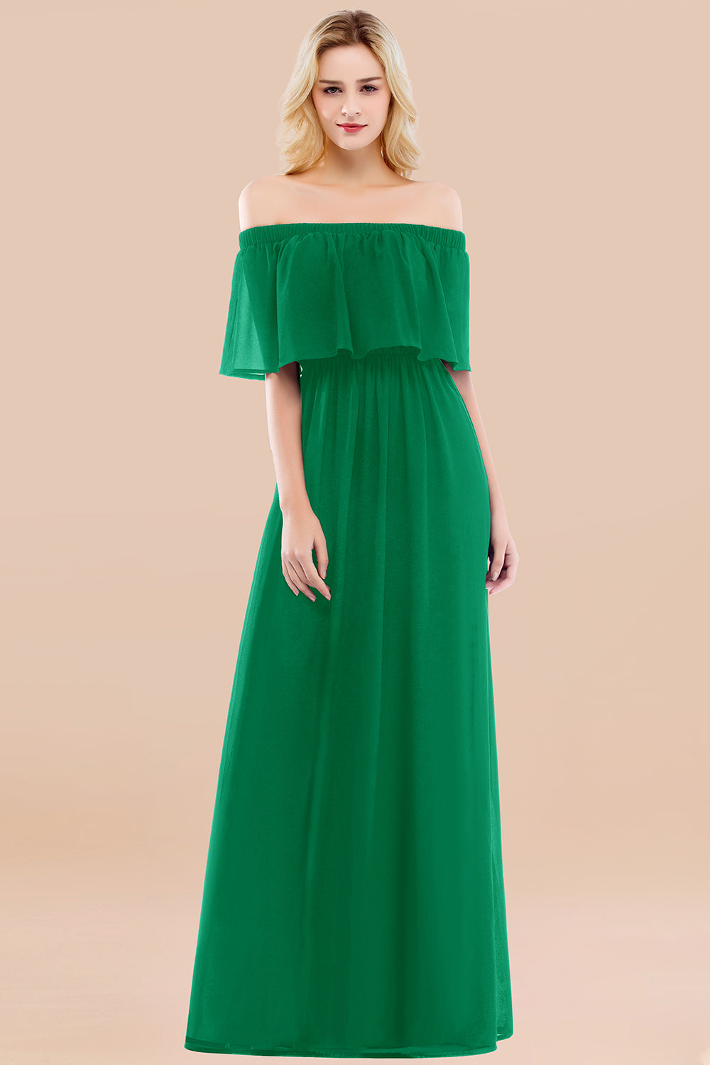 A-line Chiffon Off the Shoulder Short Sleeves Ruffles Floor Length Bridesmaid Dress