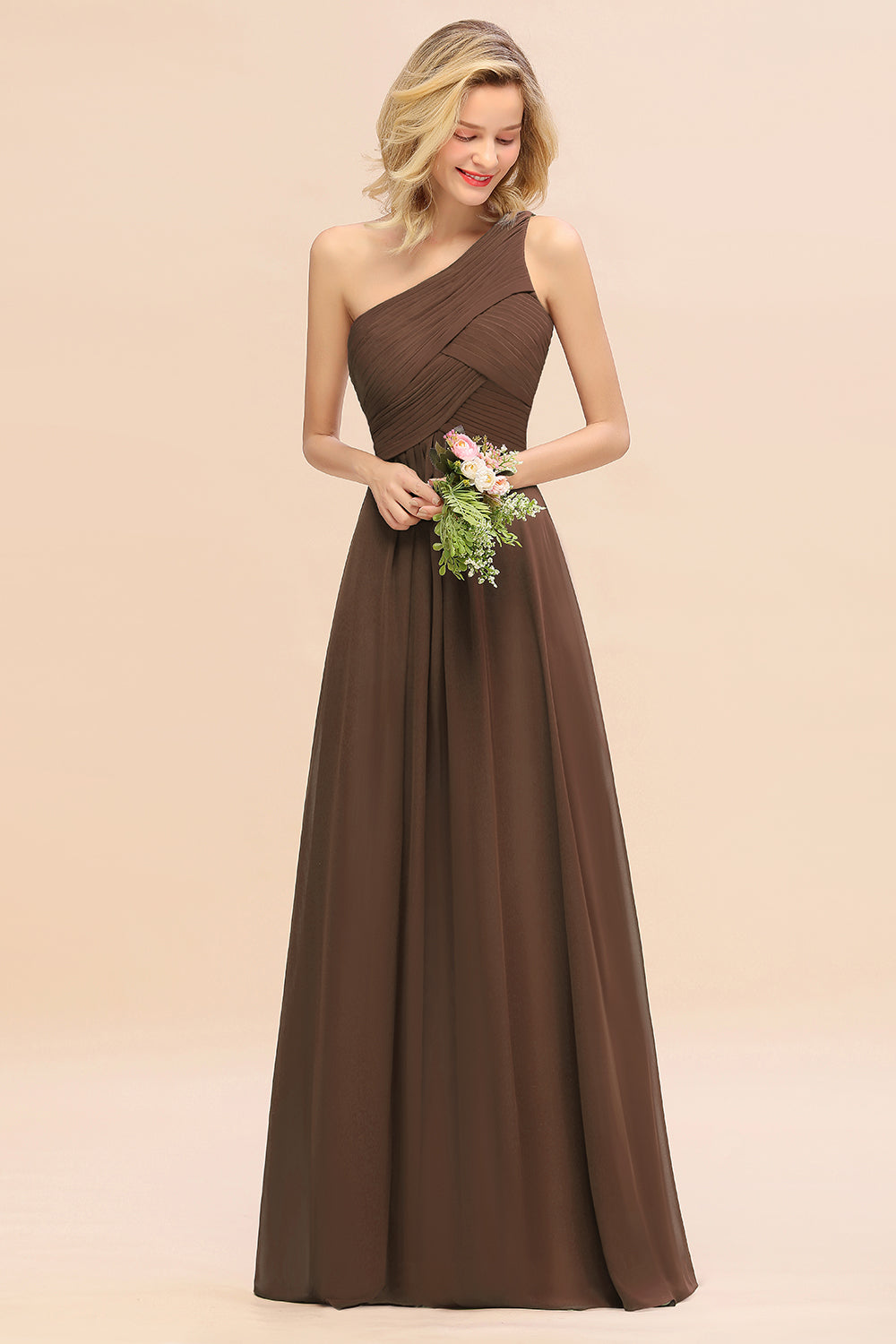 Elegant Brown A-line Chiffon Ruffles One Shoulder Long Bridesmaid Dress