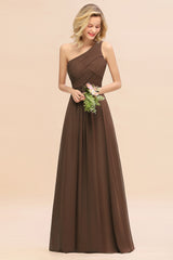 Elegant Brown A-line Chiffon Ruffles One Shoulder Long Bridesmaid Dress