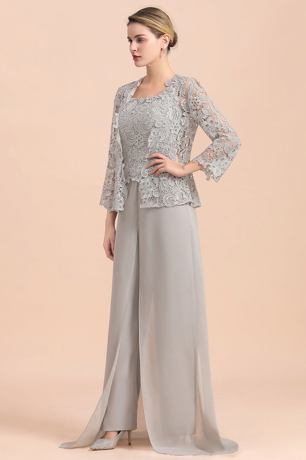 Chic Silver Lace Chiffon Long Sleeves Mother of Bride Jumpsuit With Wrap