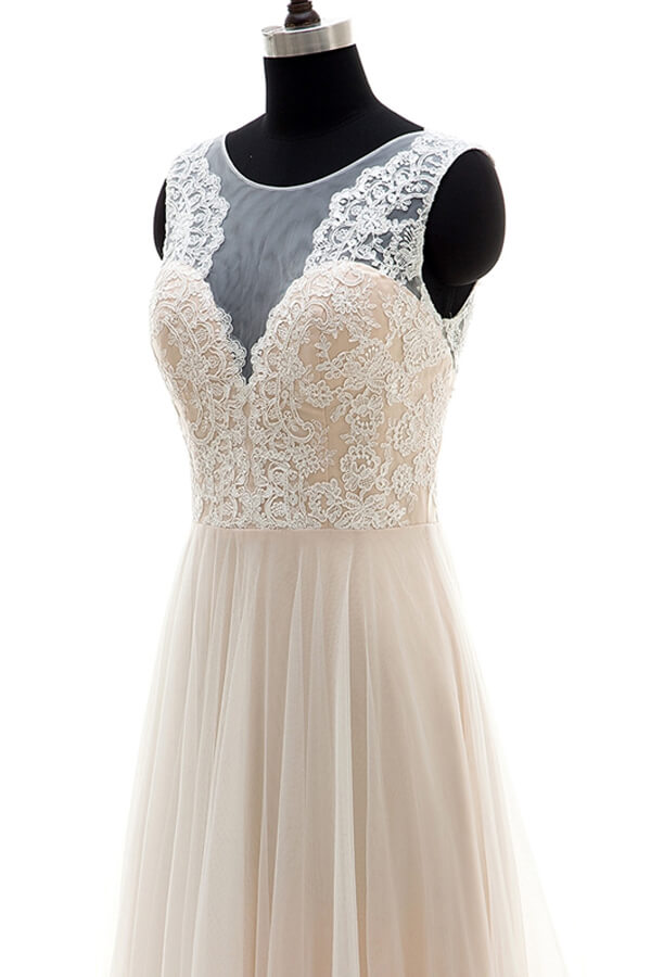 Long A-line Lace Tulle Floor Length Wedding Dress