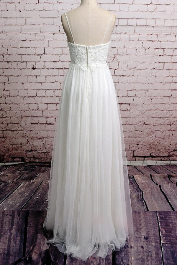 Long A-line Empire Spaghetti Strap Lace Tulle Wedding Dress
