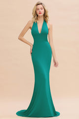 Elegant Long Mermaid Halter Pool V-neck Bridesmaid Dress
