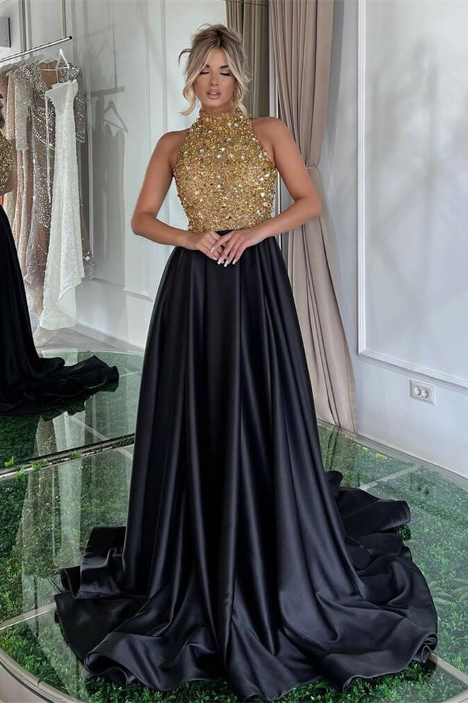 Long Balck Halter Sleeveless A-Line Satin Sequined Prom Dress