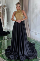 Long Balck Halter Sleeveless A-Line Satin Sequined Prom Dress