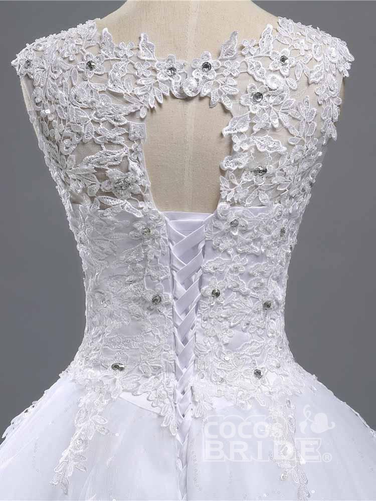 Elegant Long A-line Beads Lace-Up Ruffles Tulle Wedding Dresses