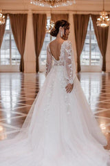 Charming V-neck Long Sleeves A-Line Chapel Train Wedding Dress with Appliques