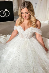 Elegant White Long A-line Off the Shoulder Tulle Wedding Dress