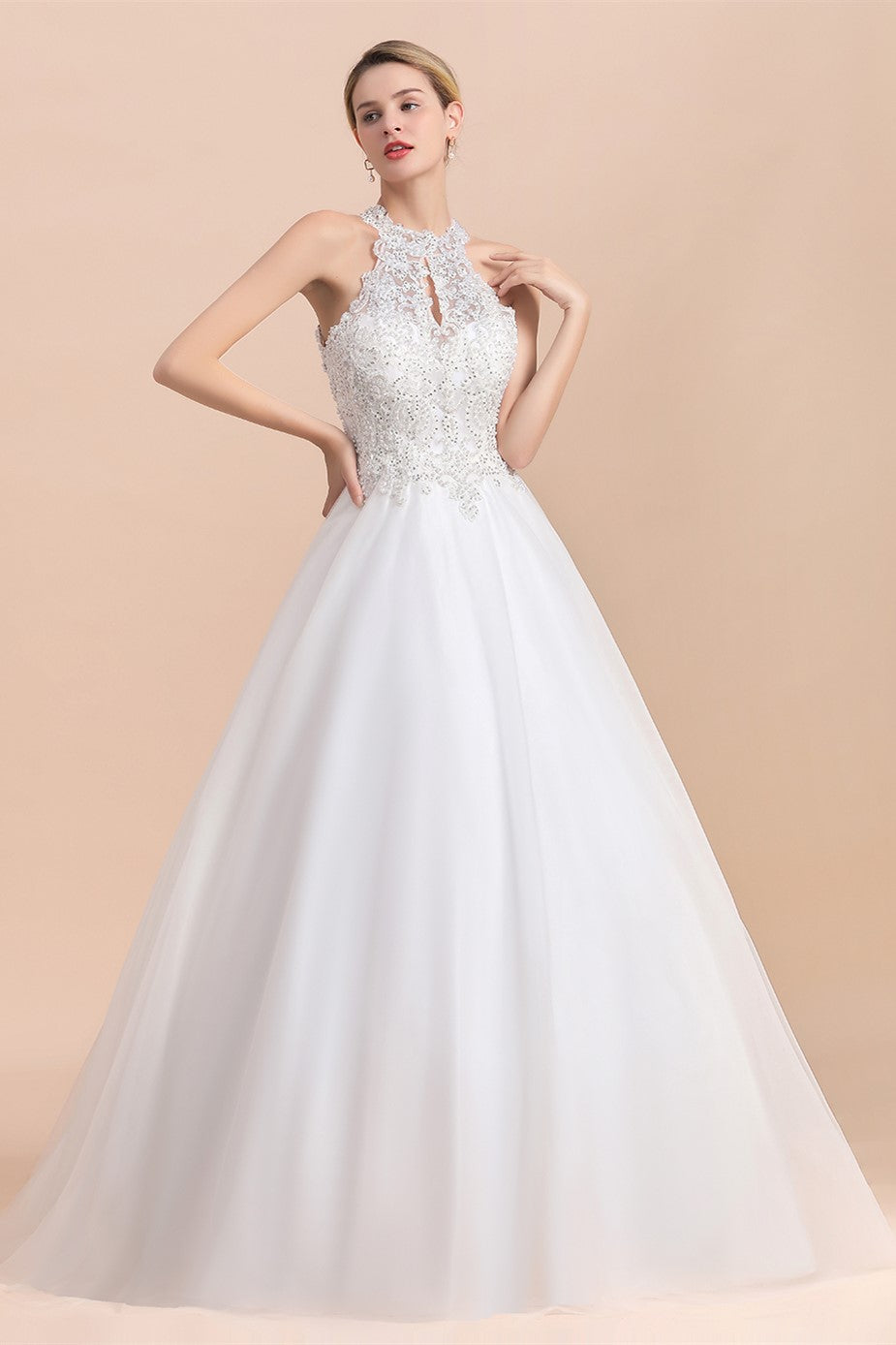 Long Halter Lace Appliques A-line Tulle Sleeveless Wedding Dress