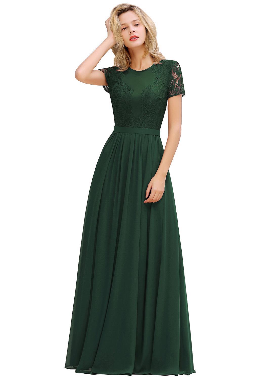 Burgundy Long A-line Chiffon Lace Formal Evening Dresses with Sleeves