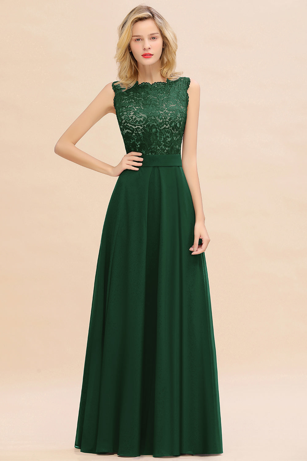 Long A-line Chiffon Lace Sleeveless Bridesmaid Dresses