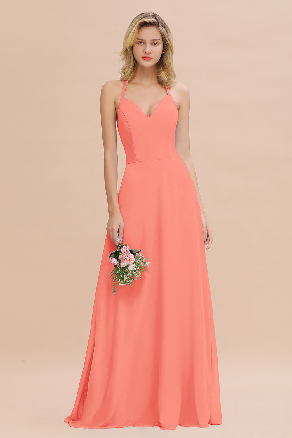 Stylish Chiffon Spaghetti Straps Sleeveless Long Bridesmaid Dress