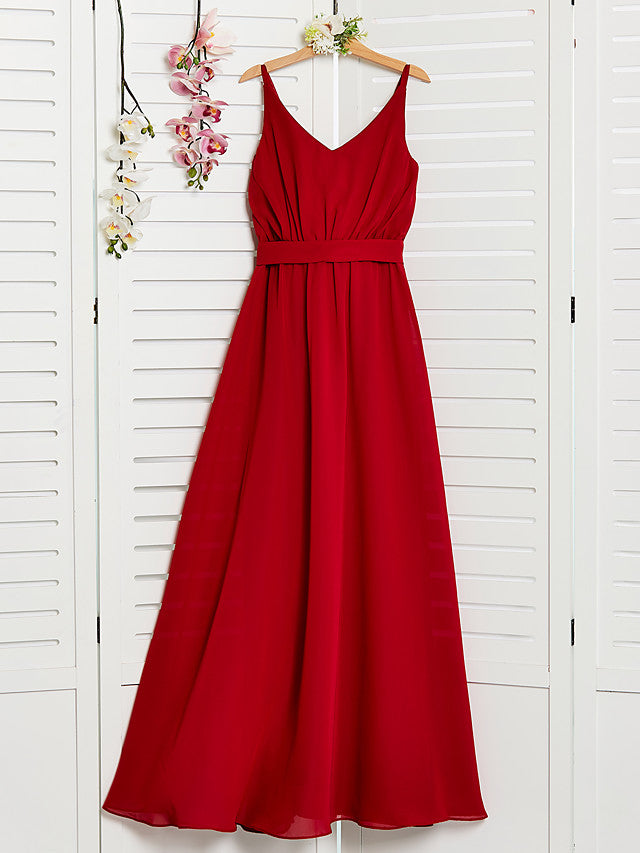 Red Long A-line Spaghetti Strap V-neck Chiffon Junior Bridesmaid Dress