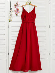 Red Long A-line Spaghetti Strap V-neck Chiffon Junior Bridesmaid Dress