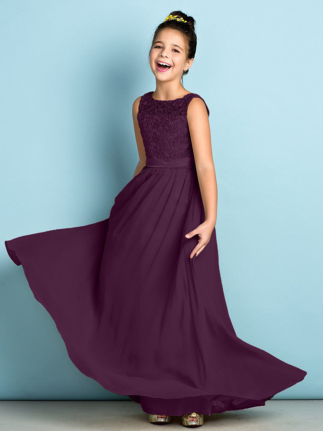 Long A-Line Scoop Neck Floor Length Chiffon Lace Junior Bridesmaid Dress