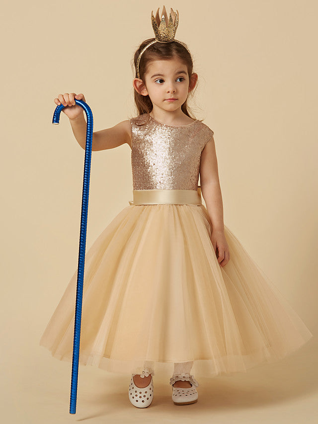 Ball Gown Ankle Length Tulle Sequined Sleeveless Jewel Neck Flower Girl Dresses
