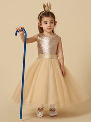 Ball Gown Ankle Length Tulle Sequined Sleeveless Jewel Neck Flower Girl Dresses