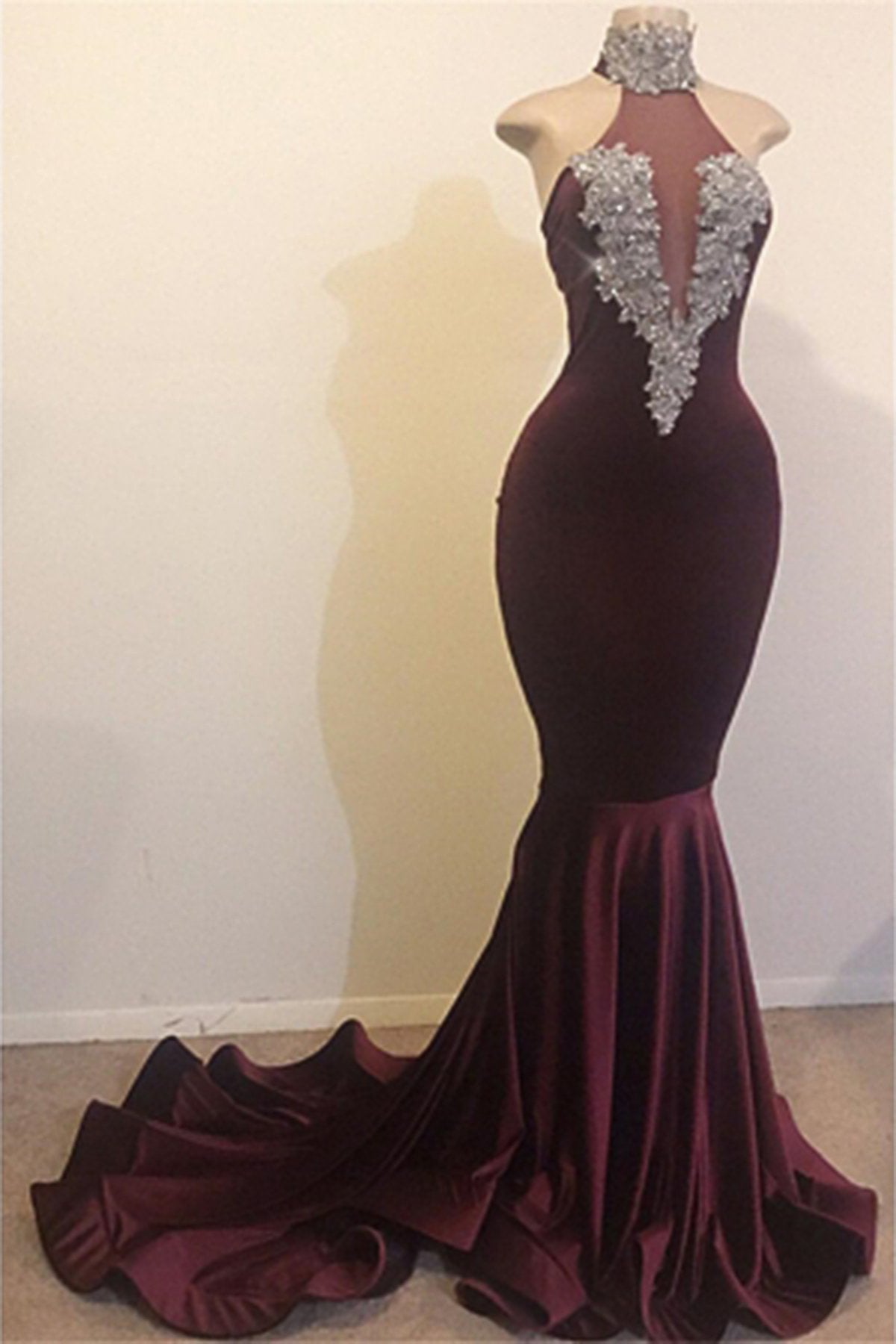 High Neck Backless Mermaid Satin Lace Long Prom Dress