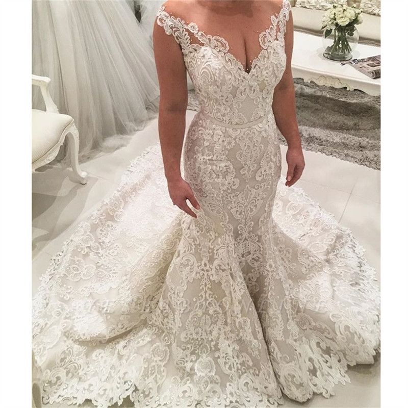 Long Mermaid V-neck Spaghetti Straps Appliques Lace Floor Length Wedding Dresses