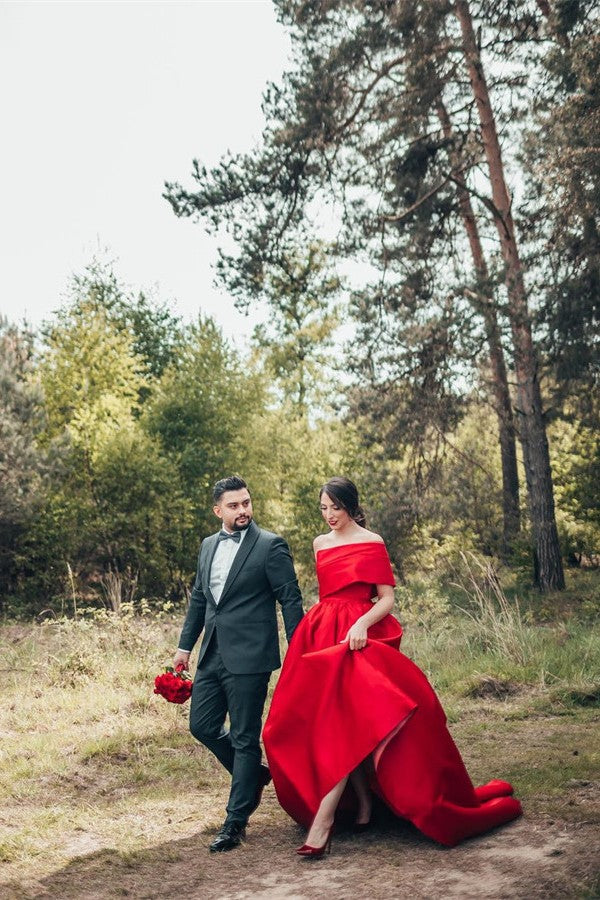 Beautiful Red Long A-line One Shoulder Satin Wedding Dresses
