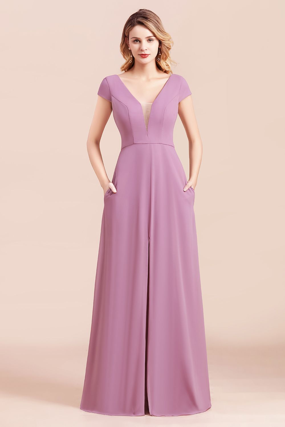Stylish V-neck Backless A-Line Short Sleeves Chiffon Bridesmaid Dress Wth Side Slit Pockets