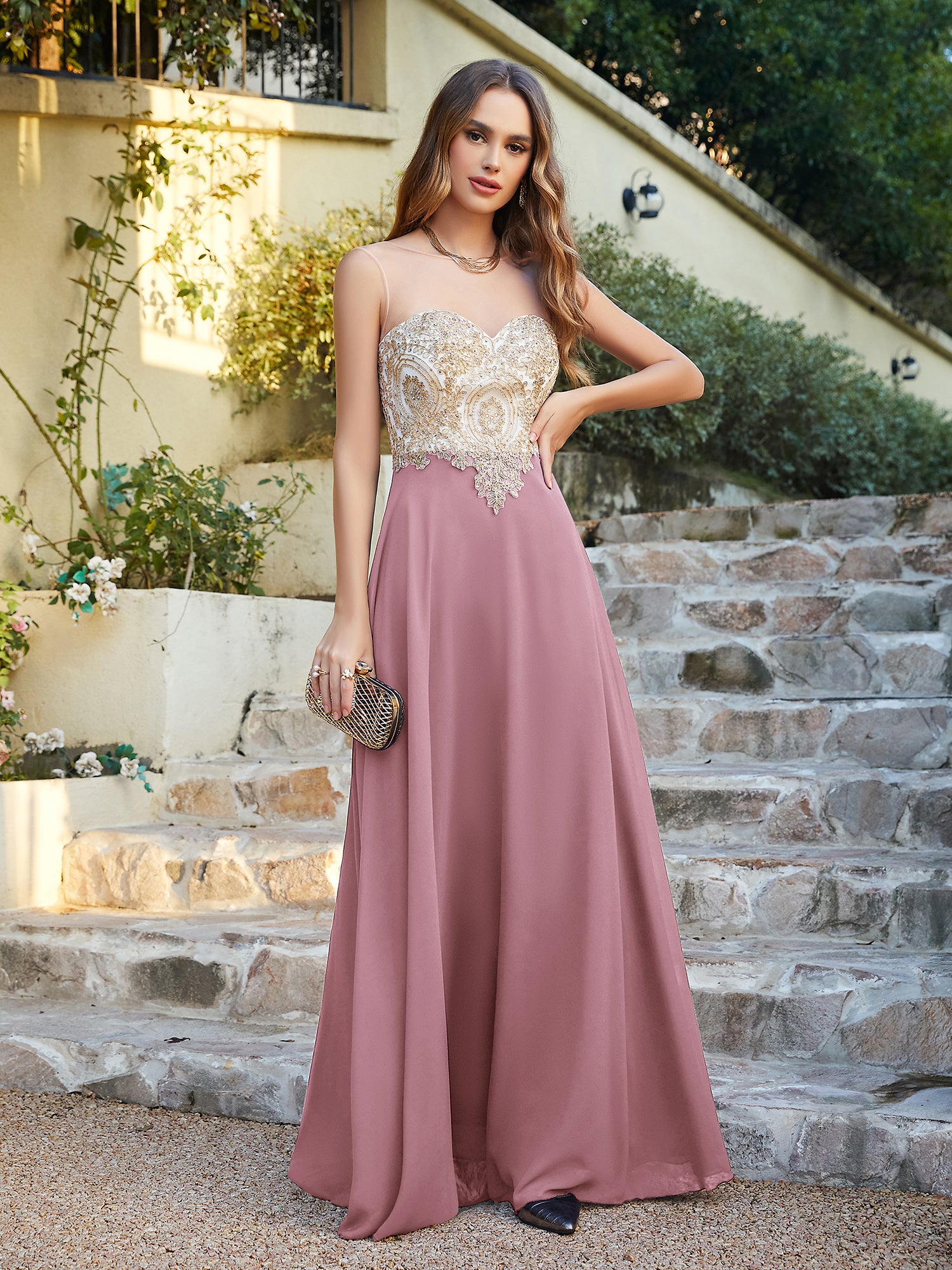 Elegant Long A-line Chiffon Sleeveless Tulle Lace Appliques Prom Dress