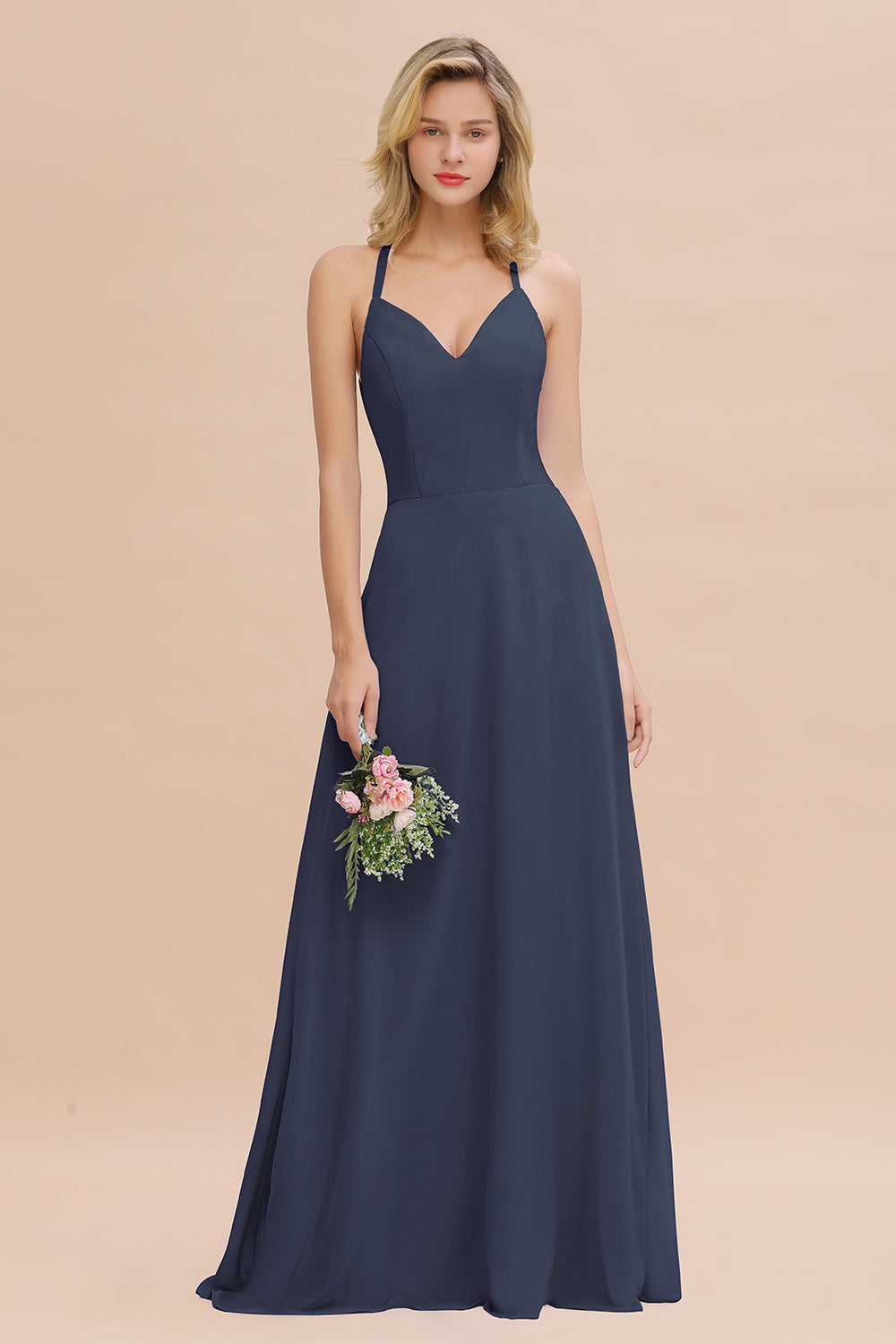 Stylish Chiffon Spaghetti Straps Sleeveless Long Bridesmaid Dress