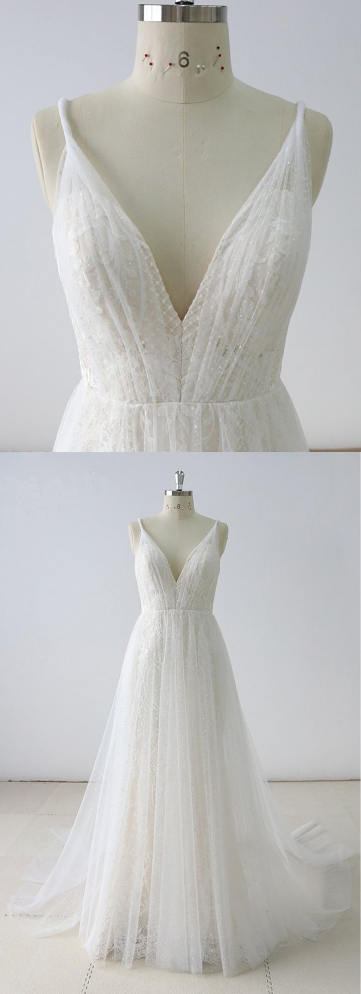 Simple White A-line Lace V Neck Long Spaghetti Straps Wedding Dress