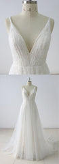 Simple White A-line Lace V Neck Long Spaghetti Straps Wedding Dress